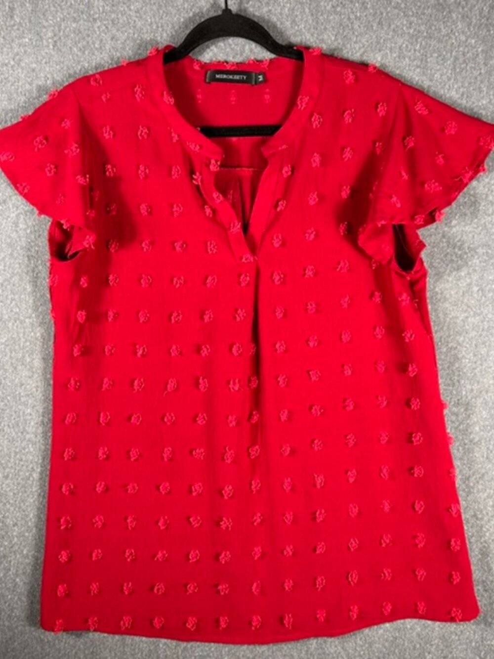Merokeety Blouse Sz Medium Red Swiss Dot Ruffle Sleeve V-Neck - Business Casual
